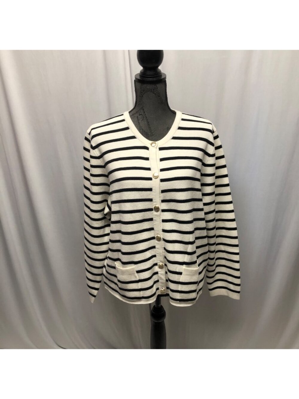 Nine West Striped Black White Cardigan Womens XL Buttons Pockets Sweater NEW